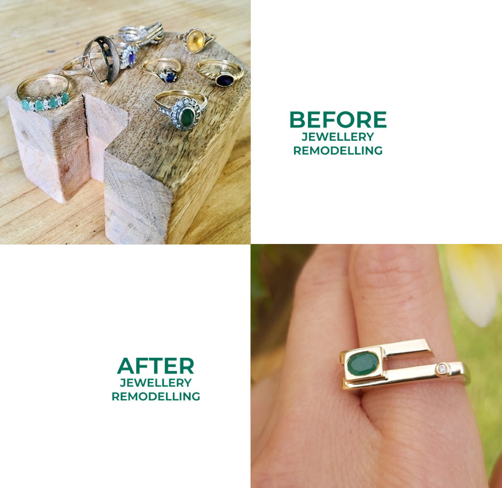 Photo showing before with old rings and after photo showing remodelled emerald and yellow gold modern ring with diamonds designed by bold Lines jewellery 