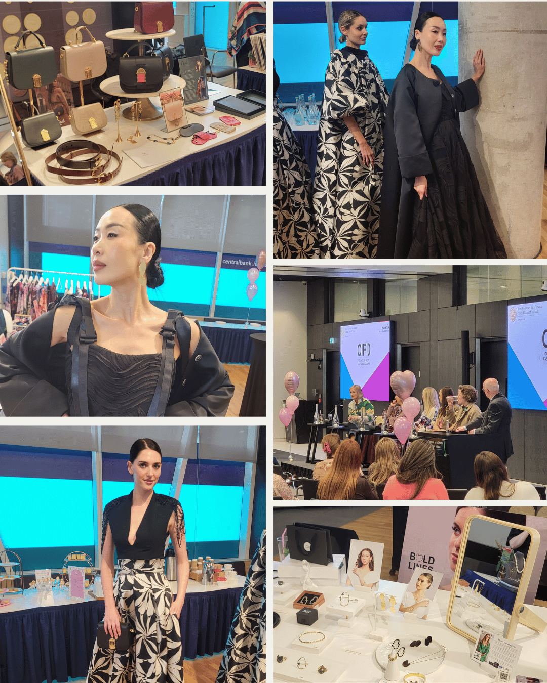 A 3x3 collage of photos featuring a model in a black and white patterned dress, showcasing fashion displays, a runway show, and Bold Lines jewelry stall.