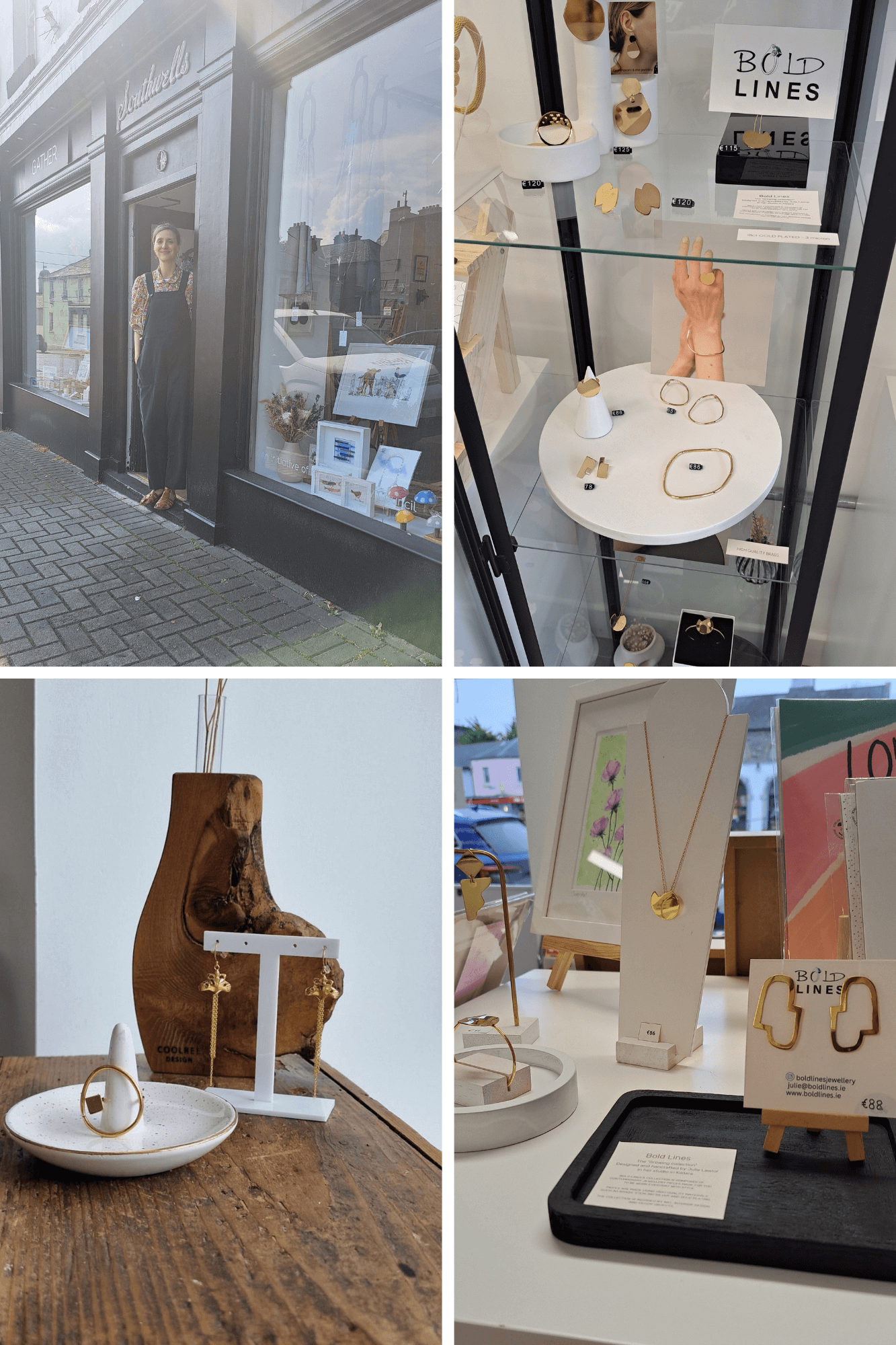 Photos of the shop and jewellery pieces at the Gather shop in Kildare Town