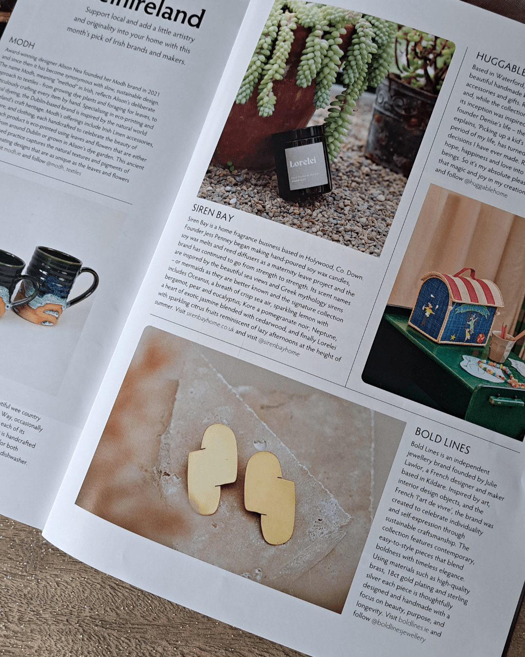 Photo of an article showing the connection earring, an article about Bold Lines and other articles about other Irish brands